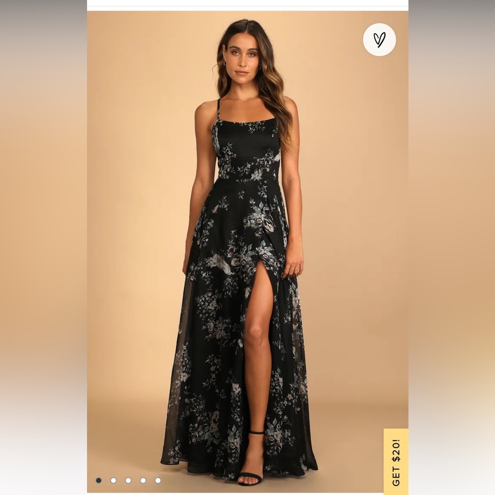 Lulus size 1X strappy floral black gown. Slit on side. NWT. criss cross back